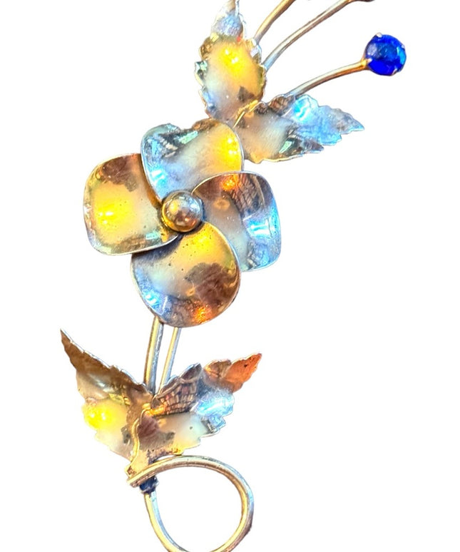 Vintage gold plt sterling silver by Jordann Fancy flower brooch  blue crystals