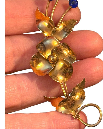 Vintage gold plt sterling silver by Jordann Fancy flower brooch  blue crystals