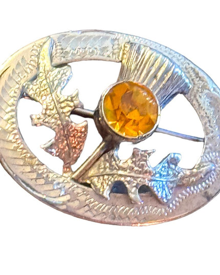 Vintage sterling silver amber crystal Scottish thistle brooch