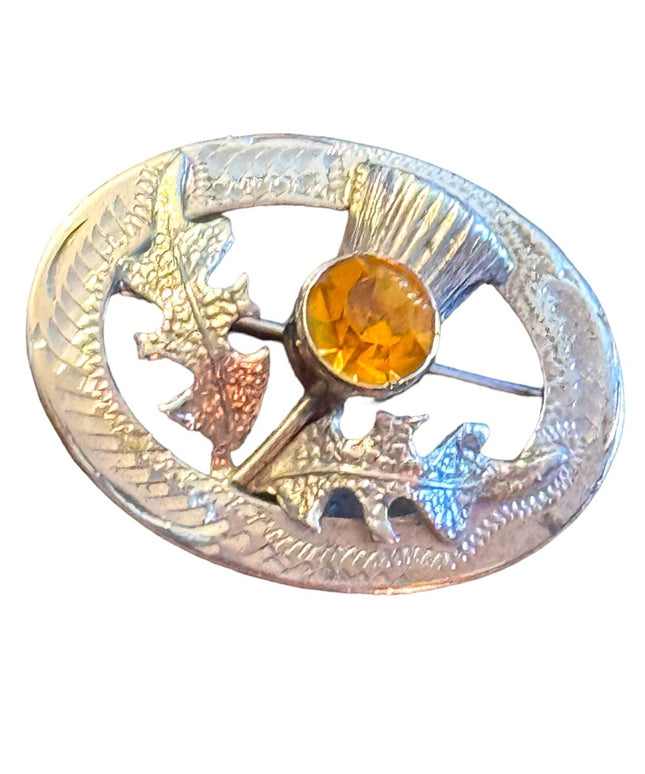 Vintage sterling silver amber crystal Scottish thistle brooch