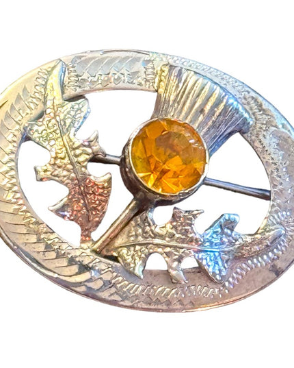 Vintage sterling silver amber crystal Scottish thistle brooch