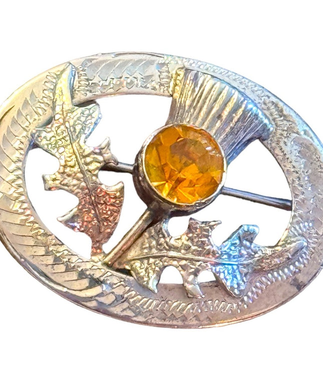 Vintage sterling silver amber crystal Scottish thistle brooch