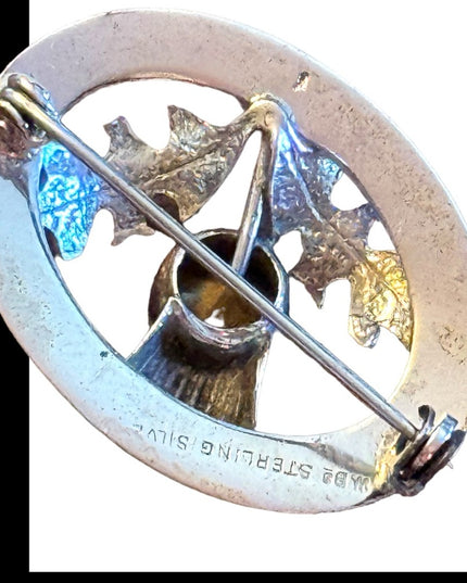 Vintage sterling silver amber crystal Scottish thistle brooch