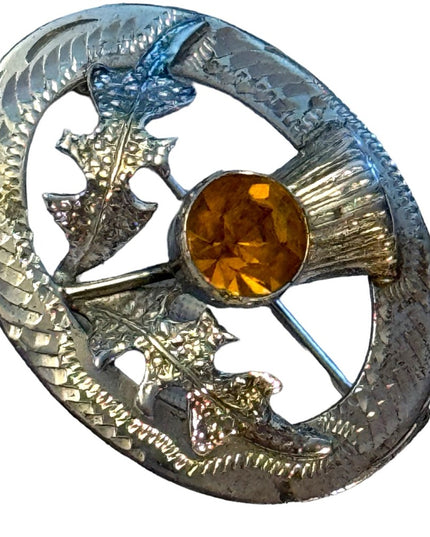 Vintage sterling silver amber crystal Scottish thistle brooch