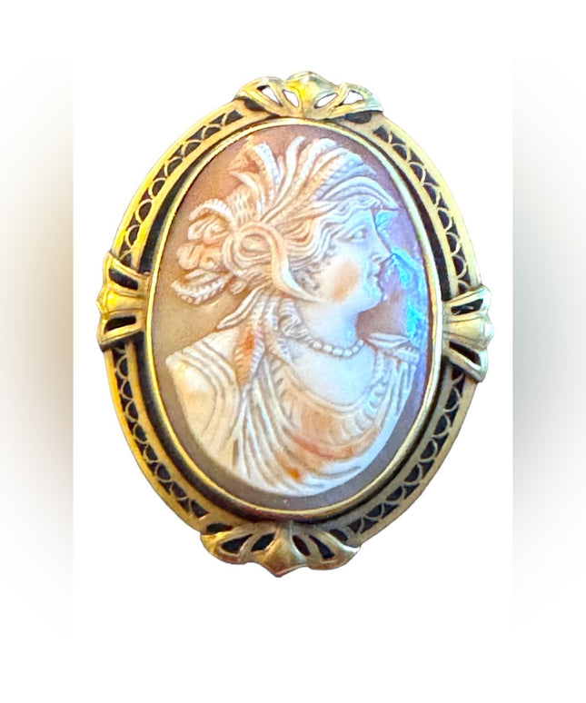 Stunning antique 10k Solid gold LG hand Carved  cameo brooch pendant