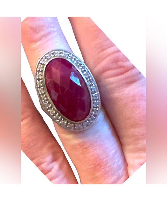 Sterling silver 925 Large statement ring raw ruby scrolled design