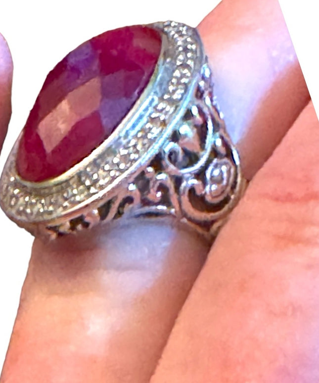Sterling silver 925 Large statement ring raw ruby scrolled design