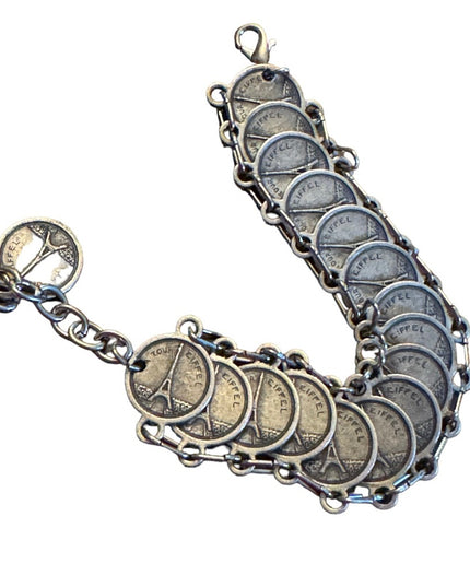Vintage silver Paris France Tourist faux coin link bracelet