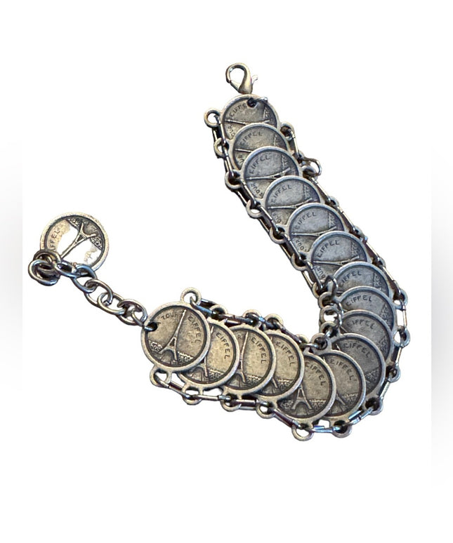 Vintage silver Paris France Tourist faux coin link bracelet