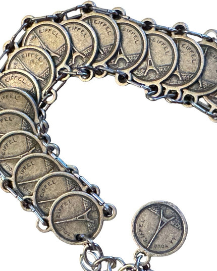 Vintage silver Paris France Tourist faux coin link bracelet