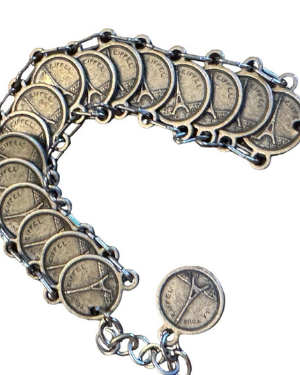 Vintage silver Paris France Tourist faux coin link bracelet
