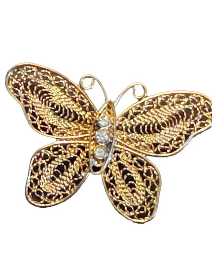 Vintage gold finish fancy filagree butterfly brooch with crystal embellishment