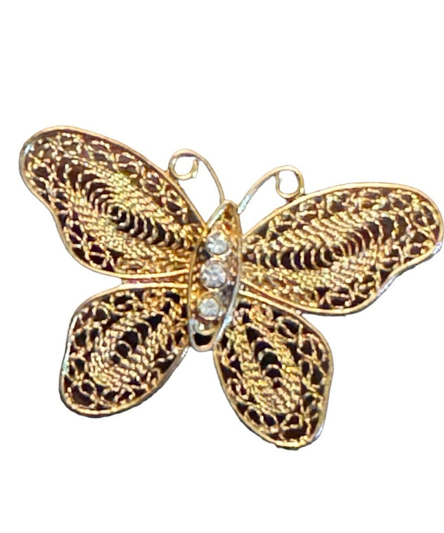 Vintage gold finish fancy filagree butterfly brooch with crystal embellishment