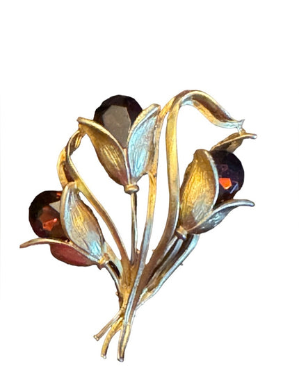 Vintage 1990s Amber crystal flower gold finish fancy brooch