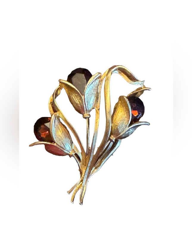 Vintage 1990s Amber crystal flower gold finish fancy brooch