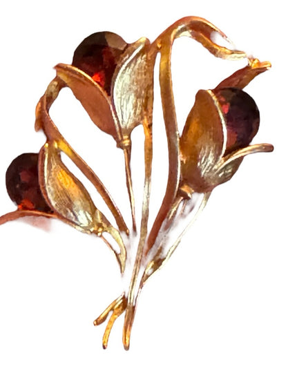 Vintage 1990s Amber crystal flower gold finish fancy brooch