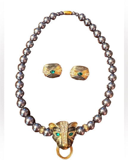 Kenneth Jay Lane  Grey Pearl crystal enameled panther necklace & earrings Set