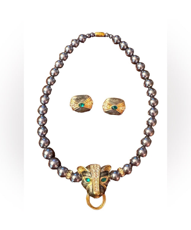 Kenneth Jay Lane  Grey Pearl crystal enameled panther necklace & earrings Set