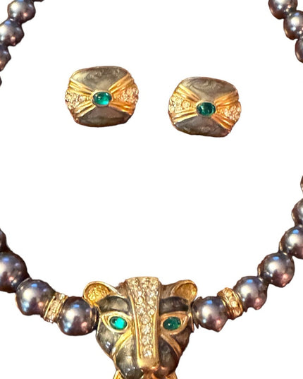 Kenneth Jay Lane  Grey Pearl crystal enameled panther necklace & earrings Set