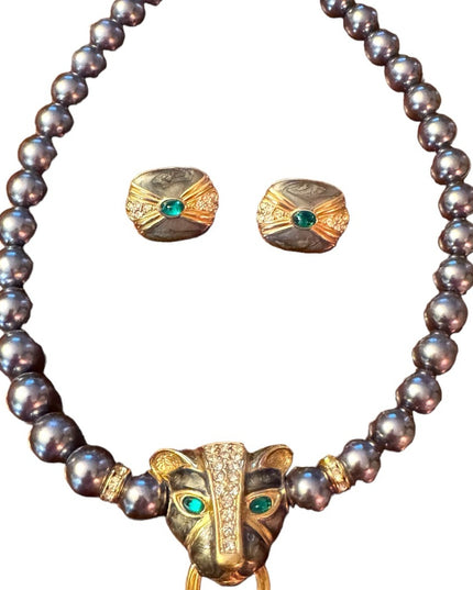 Kenneth Jay Lane  Grey Pearl crystal enameled panther necklace & earrings Set
