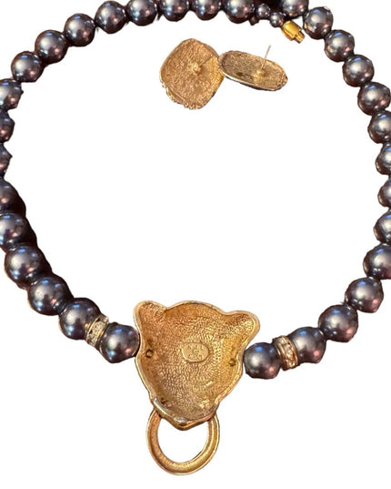 Kenneth Jay Lane  Grey Pearl crystal enameled panther necklace & earrings Set