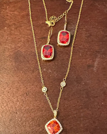 Sterling silver 925 orange crystal DSMK fancy sparkle earrings & necklace set