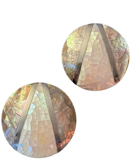 Vintage 1980s Micro mosaic mother of pearl inlay resin disk earrings statement