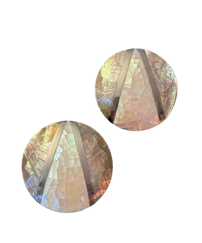 Vintage 1980s Micro mosaic mother of pearl inlay resin disk earrings statement