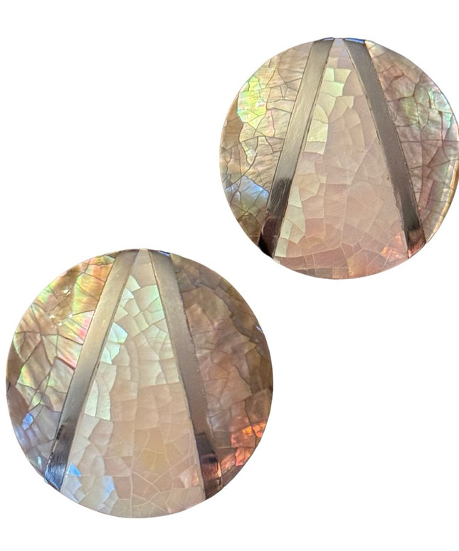 Vintage 1980s Micro mosaic mother of pearl inlay resin disk earrings statement