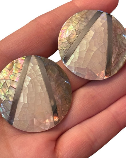 Vintage 1980s Micro mosaic mother of pearl inlay resin disk earrings statement