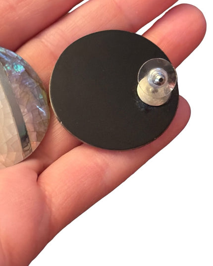 Vintage 1980s Micro mosaic mother of pearl inlay resin disk earrings statement