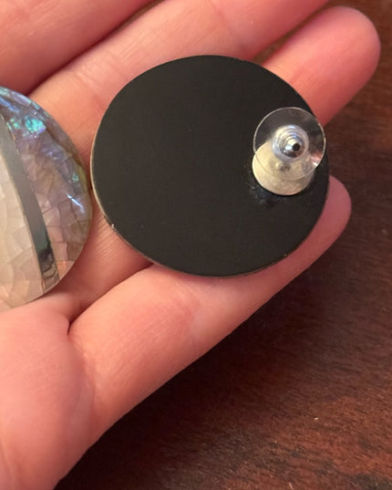 Vintage 1980s Micro mosaic mother of pearl inlay resin disk earrings statement