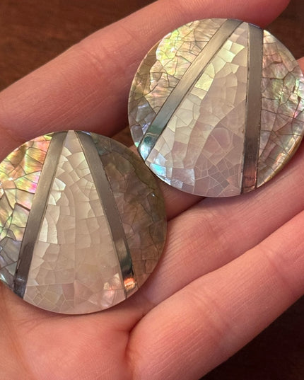 Vintage 1980s Micro mosaic mother of pearl inlay resin disk earrings statement