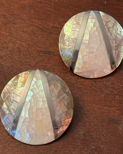Vintage 1980s Micro mosaic mother of pearl inlay resin disk earrings statement