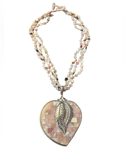 Vintage Sajen Inlaid Mother Of Pearl LARGE statement Heart Necklace 925 Silver