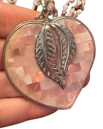 Vintage Sajen Inlaid Mother Of Pearl LARGE statement Heart Necklace 925 Silver