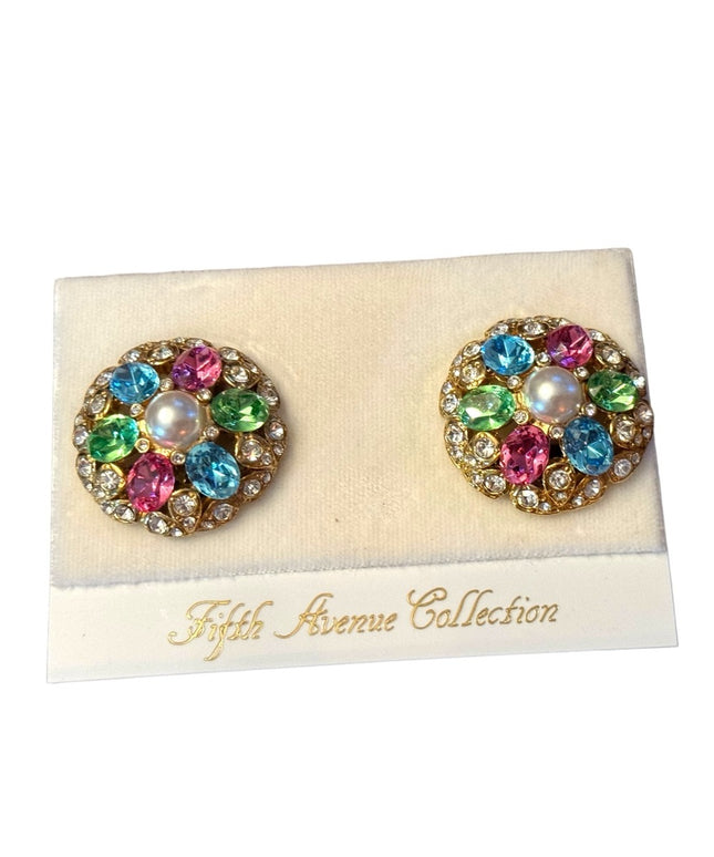 Vintage 1980s Fifth Ave Butler gold round colorful crystal  clip on earrings