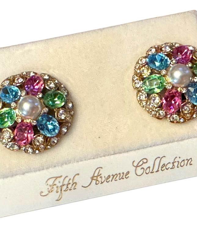 Vintage 1980s Fifth Ave Butler gold round colorful crystal  clip on earrings