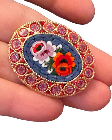 1950s/60s Italian Glass Micro Mosaic Brooch colorful flowers gold finish