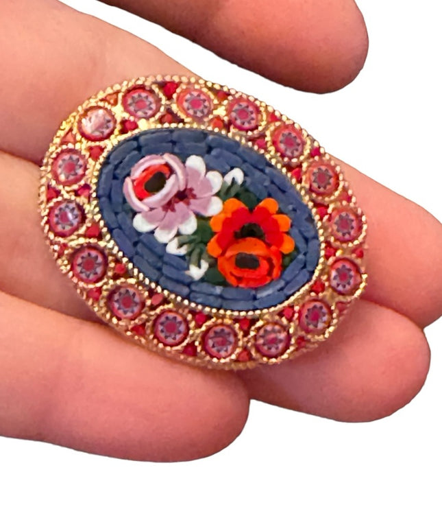 1950s/60s Italian Glass Micro Mosaic Brooch colorful flowers gold finish