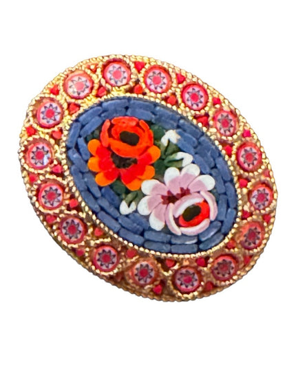 1950s/60s Italian Glass Micro Mosaic Brooch colorful flowers gold finish