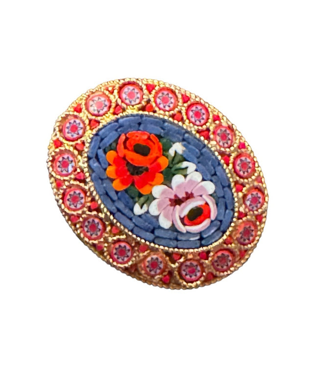 1950s/60s Italian Glass Micro Mosaic Brooch colorful flowers gold finish