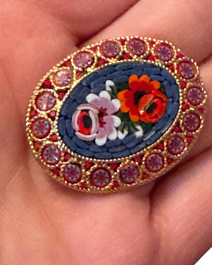1950s/60s Italian Glass Micro Mosaic Brooch colorful flowers gold finish