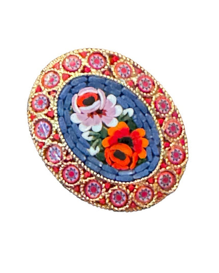 1950s/60s Italian Glass Micro Mosaic Brooch colorful flowers gold finish