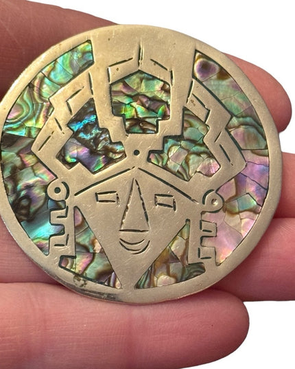 Taxco Abalone Sterling Warrior Pendant Brooch Pin  Alpaca Mexico Mexican Kachina