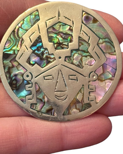 Taxco Abalone Sterling Warrior Pendant Brooch Pin  Alpaca Mexico Mexican Kachina