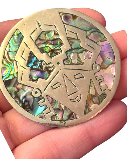 Taxco Abalone Sterling Warrior Pendant Brooch Pin  Alpaca Mexico Mexican Kachina