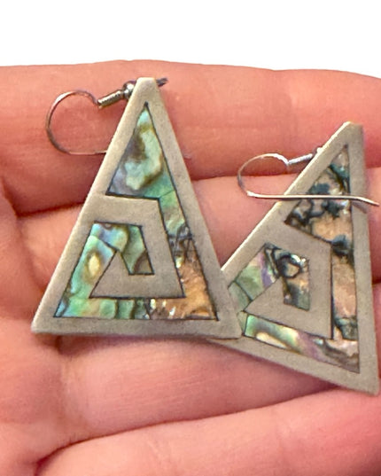 Vintage sterling silver 935 Narvez Mexico Triangle abalone drop dangle earrings