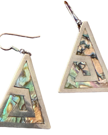 Vintage sterling silver 935 Narvez Mexico Triangle abalone drop dangle earrings