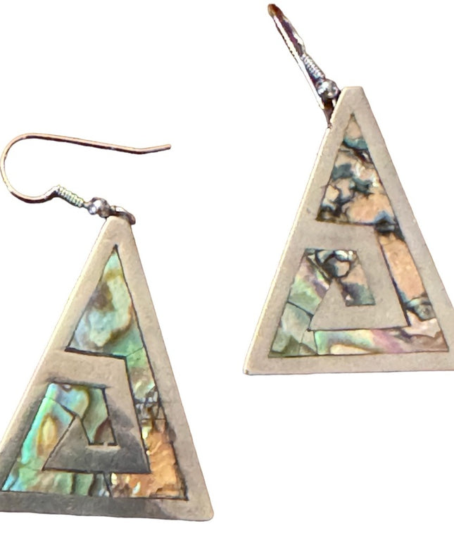 Vintage sterling silver 935 Narvez Mexico Triangle abalone drop dangle earrings